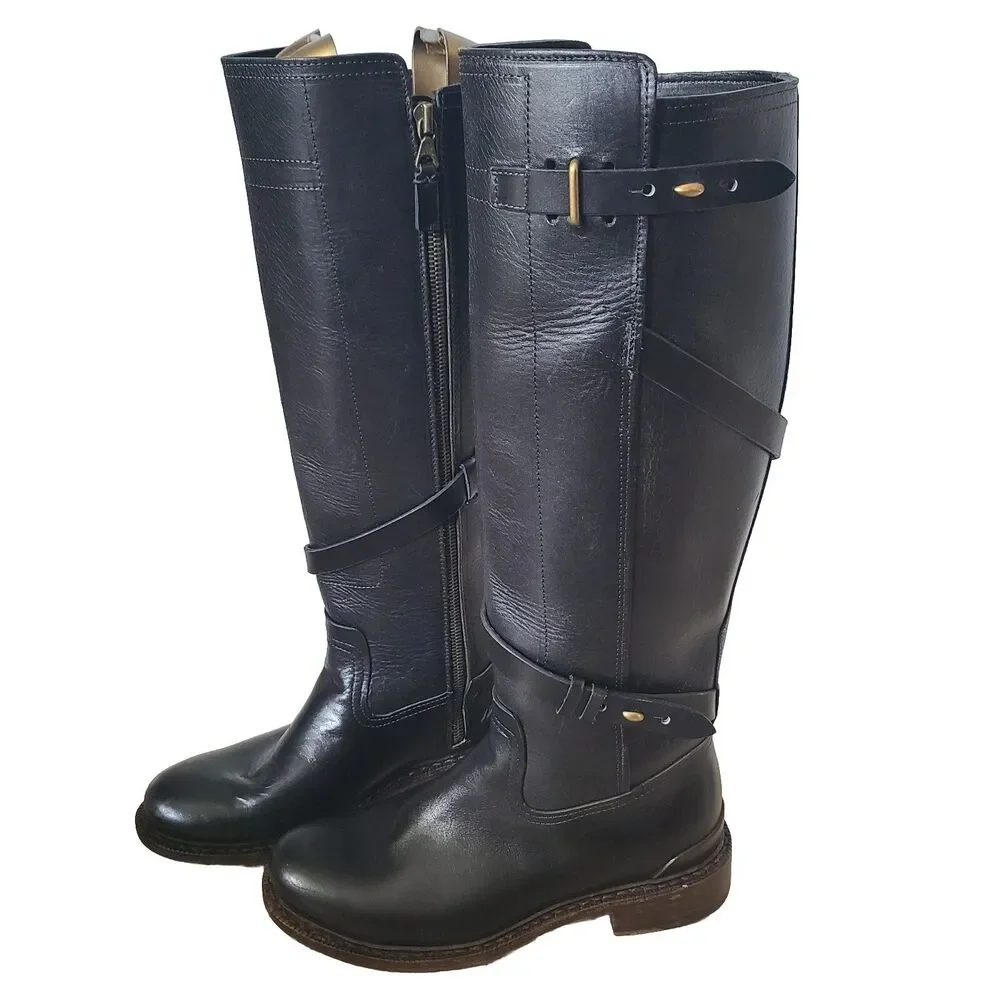 Rag & Bone Women Boots Black Leather Knee High Riding Biker EUR 36 / US 6 M